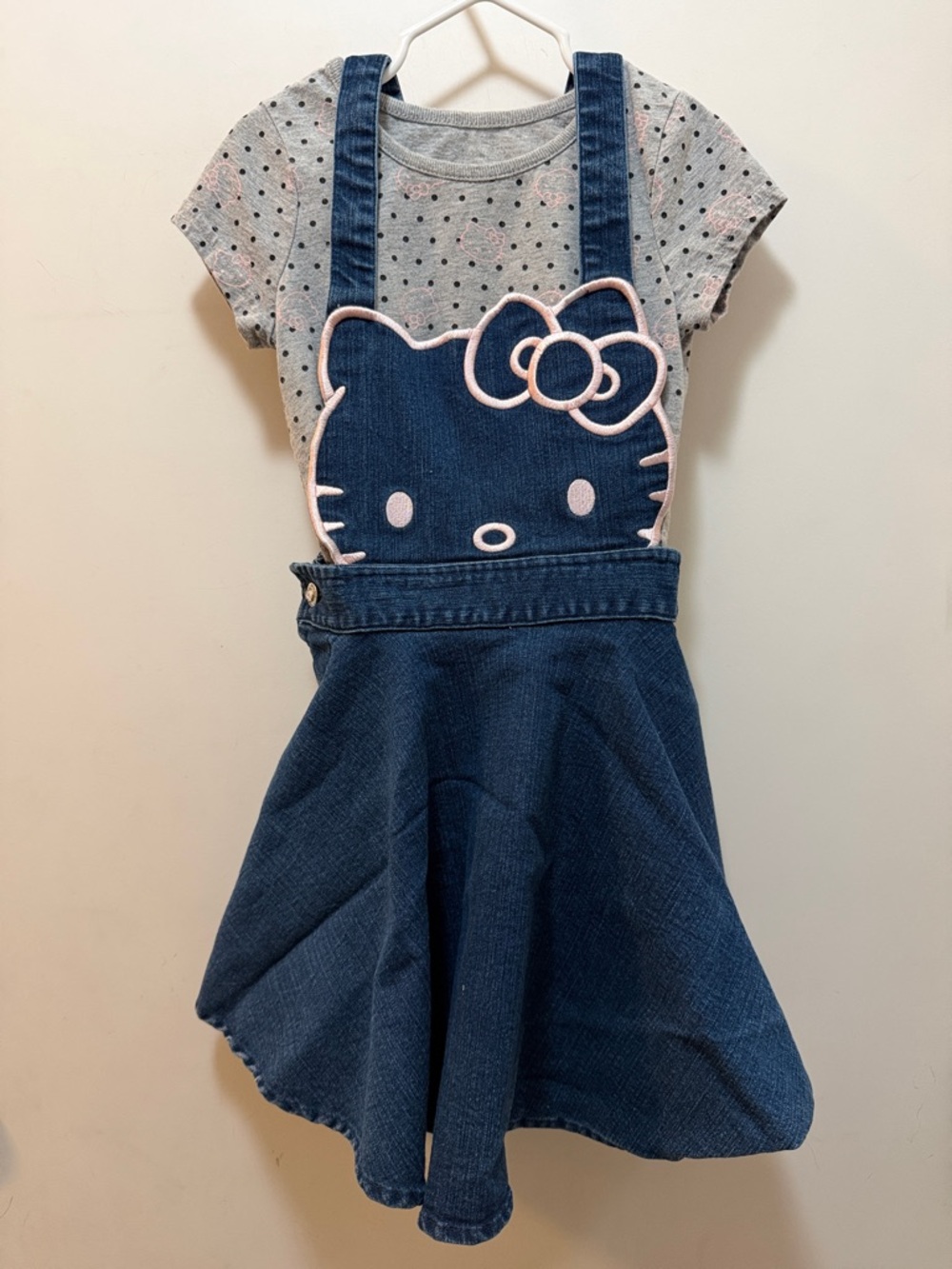 Hello Kitty Denim Suspender Skirt Set with Gray Polka Dot Hello Kitty Tee